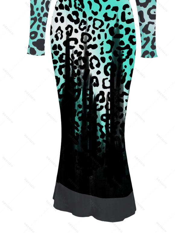 Vintage Party Dress Ombre Leopard Print Mesh Panel Skew Neck Long Sleeve Bodycon Dress - Noir M | US 6