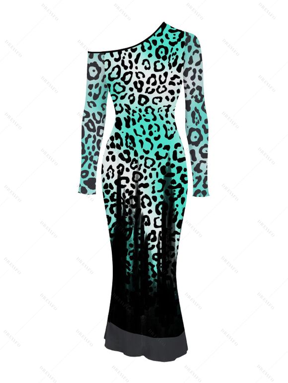Vintage Party Dress Ombre Leopard Print Mesh Panel Skew Neck Long Sleeve Bodycon Dress - Noir M | US 6