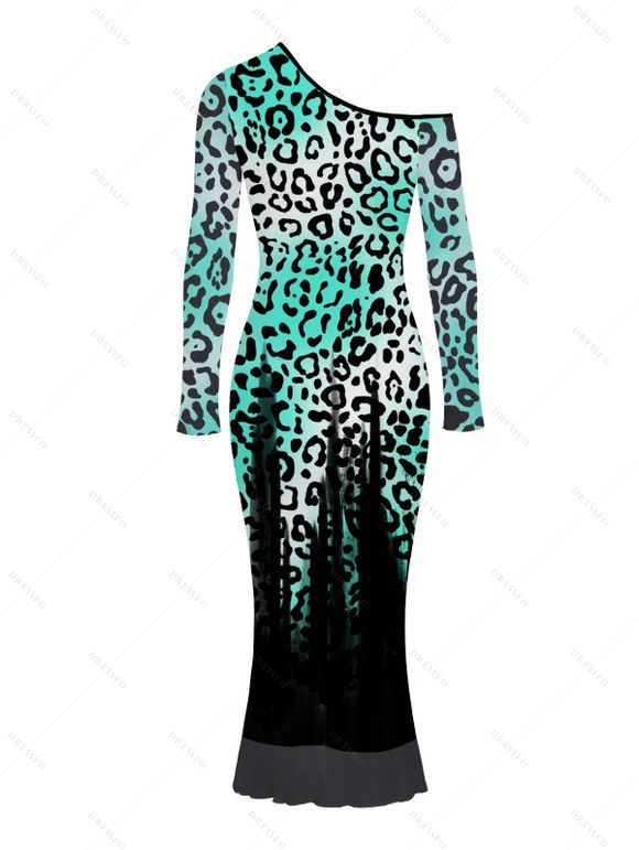 Vintage Party Dress Ombre Leopard Print Mesh Panel Skew Neck Long Sleeve Bodycon Dress - Noir M | US 6