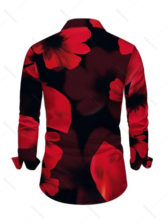 Men's Long Sleeve Shirt Large Red Floral Print Button Up Shirt - Noir 3XL