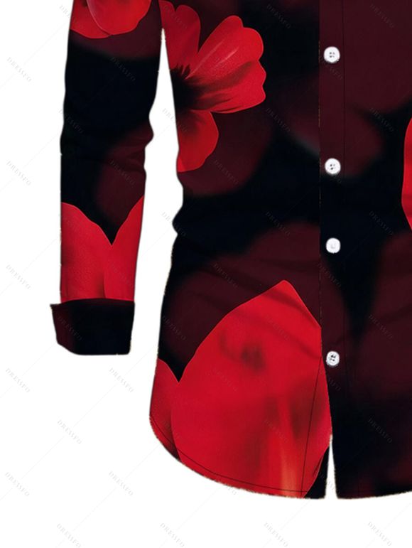 Men's Long Sleeve Shirt Large Red Floral Print Button Up Shirt - Noir 3XL