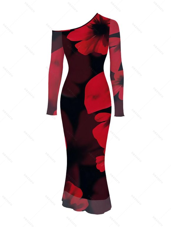Elegant Party Dress Large Red Floral Print Mesh Panel Skew Neck Long Sleeve Bodycon Dress - Noir S | US 4