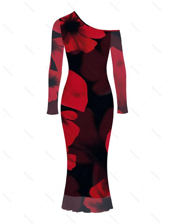 Elegant Party Dress Large Red Floral Print Mesh Panel Skew Neck Long Sleeve Bodycon Dress - Noir S | US 4