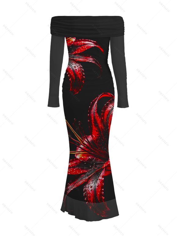 Vintage Party Dress Red Lily Floral Print Foldover Off the Shoulder Ruched Long Sleeve Bodycon Dress - Noir L | US 8-10