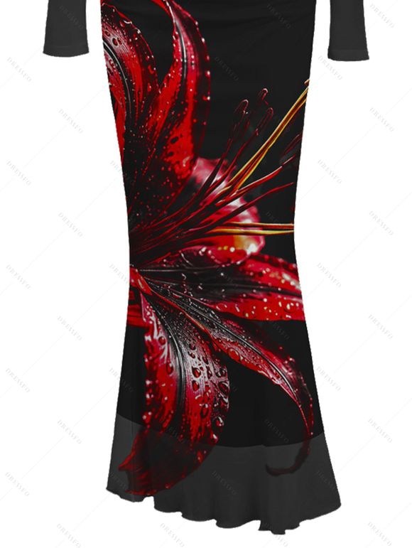 Vintage Party Dress Red Lily Floral Print Foldover Off the Shoulder Ruched Long Sleeve Bodycon Dress - Noir L | US 8-10