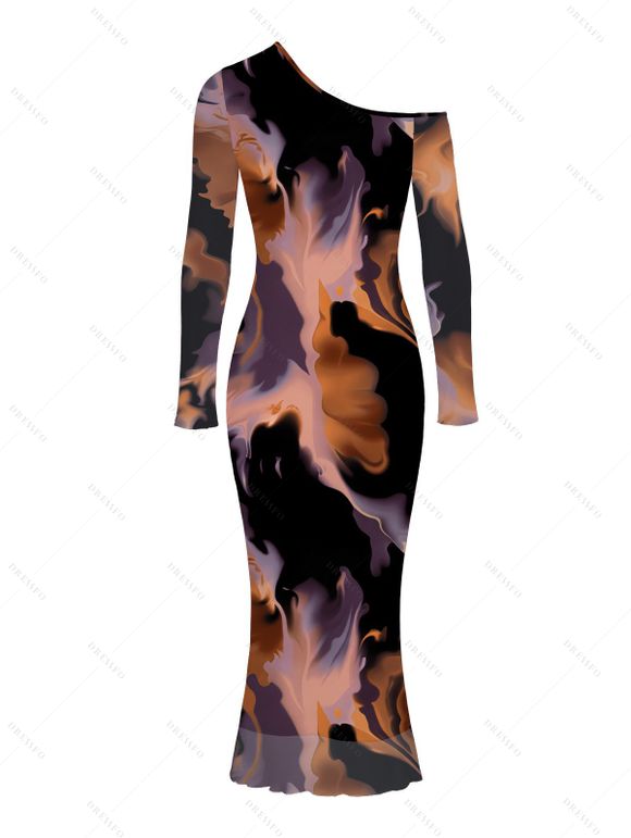 Vacation Dress Abstract Fluid Marble Tie Dye Print Mesh Panel Skew Neck Long Sleeve Bodycon Dress - Noir M | US 6
