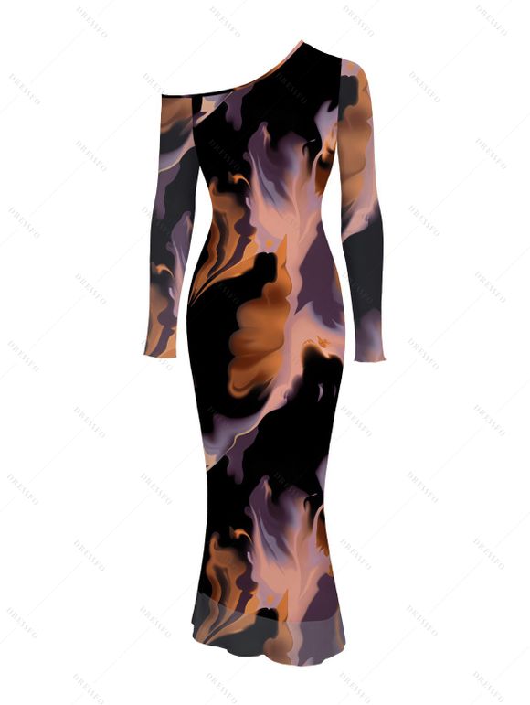 Vacation Dress Abstract Fluid Marble Tie Dye Print Mesh Panel Skew Neck Long Sleeve Bodycon Dress - Noir M | US 6