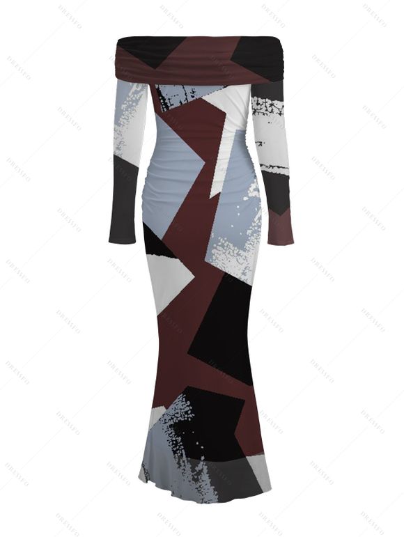 Vintage Dress Colorblock Irregular Geometric Print Foldover Off the Shoulder Ruched Long Sleeve Bodycon Dress - multicolor A XL | US 12