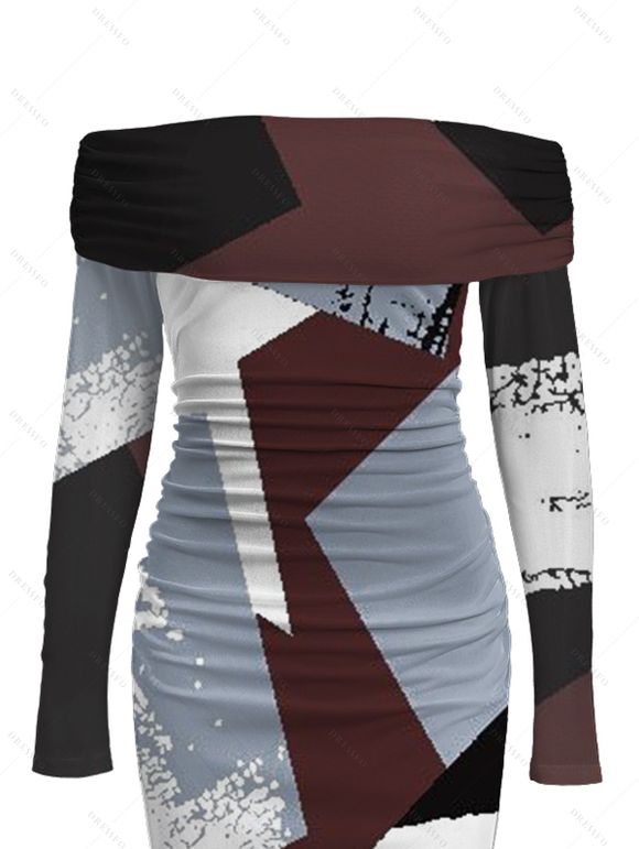 Vintage Dress Colorblock Irregular Geometric Print Foldover Off the Shoulder Ruched Long Sleeve Bodycon Dress - multicolor A XL | US 12