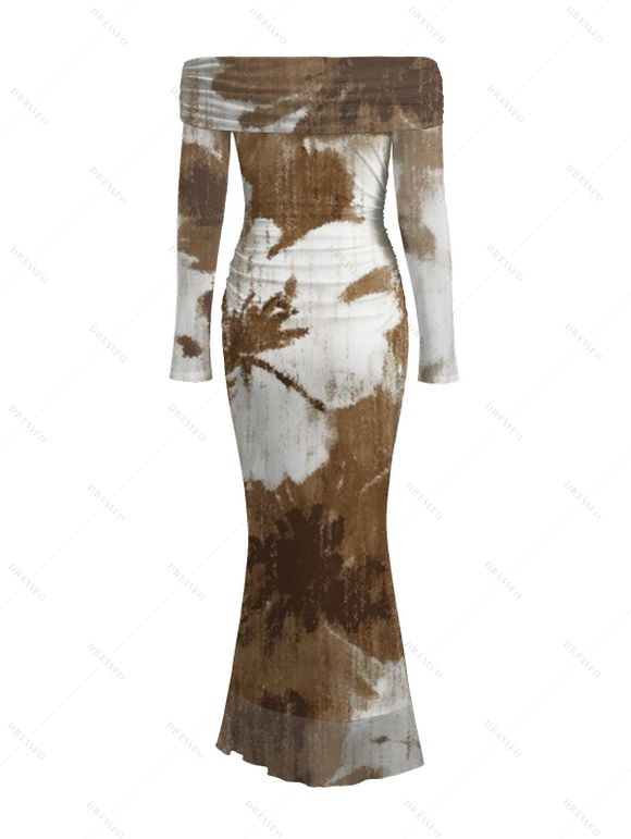 Vintage Vacation Dress Tropical Palm Leaf Print Ruched Foldover Off the Shoulder Long Sleeve Bodycon Dress - Brun S | US 4