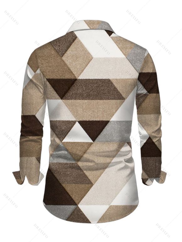 Men's Vintage Shirt Colorblock Geometric Triangle Print Button Up Long Sleeve Shirt - café S