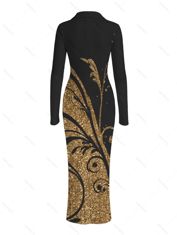 Vintage Shirt Dress Golden Scroll Vine Print Ruched Button Up Long Sleeve Bodycon Slit Dress - Noir S | US 4