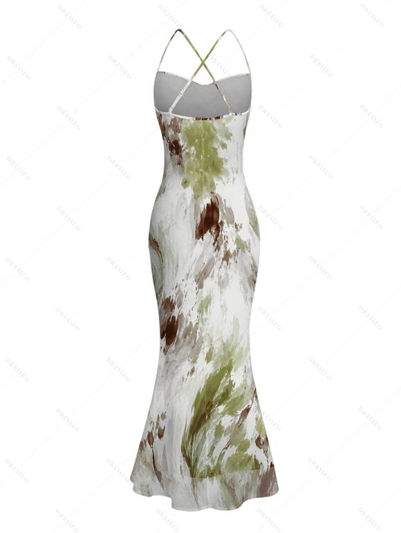 Vintage Vacation Dress Ink Painting Tie Dye Print Mesh Panel Draped Crisscross Mermaid Bodycon Dress - Vert clair L | US 8-10
