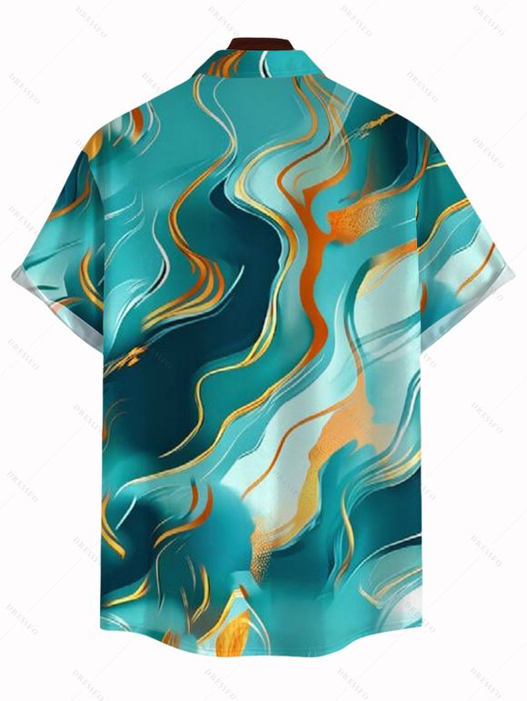 Men's Vacation Shirt Gold Vein Fluid Marble Print Button Up Short Sleeve Shirt - Turquoise Foncée XL