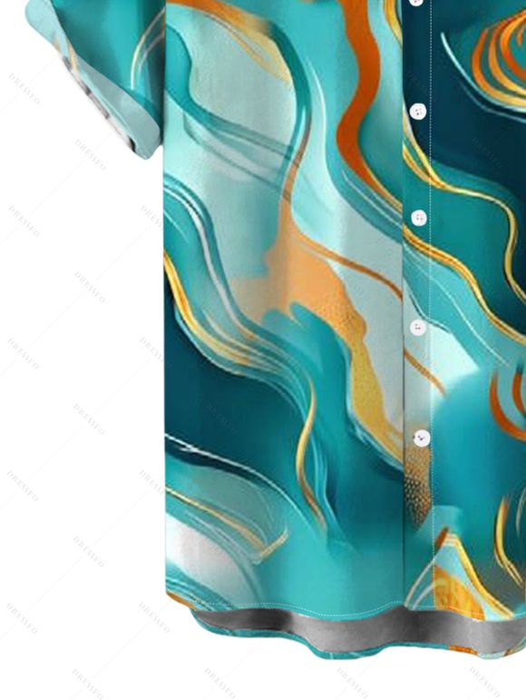 Men's Vacation Shirt Gold Vein Fluid Marble Print Button Up Short Sleeve Shirt - Turquoise Foncée XL
