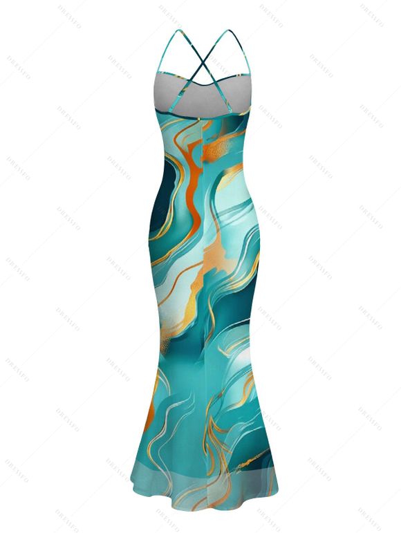 Vacation Dress Gold Vein Fluid Marble Print Crisscross Draped Mesh Panel Mermaid Bodycon Dress - Turquoise Foncée S | US 4