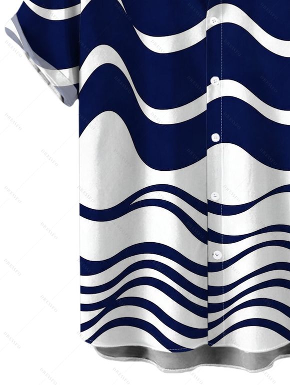 Men's Casual Shirt Colorblock Wave Striped Print Button Up Short Sleeve Shirt - Bleu profond S
