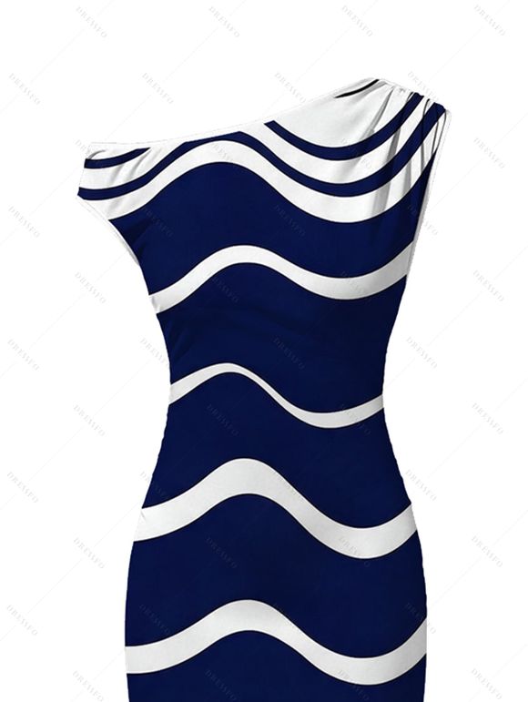 Elegant Dress Colorblock Wave Striped Print Skew Neck Bodycon Dress - Bleu profond S | US 4