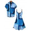 Casual Couple Outfit Abstract Geometric Print Spaghetti Strap A Line Mini Dress and Short Sleeve Shirt Set - Bleu Ciel S | US 4