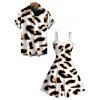Vintage Couple Outfit Leopard Print Faux Fur Sweetheart Neck A Line Mini Dress and Shirt Set - multicolor S | US 4