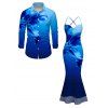 Vacation Couple Outfit Ombre Floral Print Mesh Panel Draped Crisscross Bodycon Dress and Long Sleeve Shirt Set - Bleu S | US 4