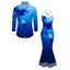 Vacation Couple Outfit Ombre Floral Print Mesh Panel Draped Crisscross Bodycon Dress and Long Sleeve Shirt Set - Bleu S | US 4