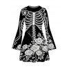 Holiday Couple Outfit Skeleton Rose Floral Shinny Dots Print Bell Sleeve A Line Mini Sweater Dress and Long Sleeve Shirt Set - Noir S | US 4