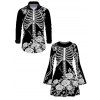 Holiday Couple Outfit Skeleton Rose Floral Shinny Dots Print Bell Sleeve A Line Mini Sweater Dress and Long Sleeve Shirt Set - Noir S | US 4