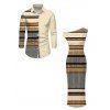 Ethnic Couple Outfit Colorblock Zig Zag Striped Print Skew Neck Bodycon Dress and Long Sleeve Shirt Set - café lumière S | US 4