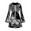 Holiday Dress Skeleton Rose Floral Print Bell Sleeve A Line Mini Sweater Dress - Noir S | US 4