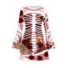 Holiday Dress Skeleton Rose Floral Print Bell Sleeve A Line Mini Sweater Dress - Rouge Vineux M | US 6