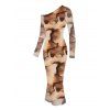 Vintage Dress Tie Dye Print Skew Neck Mesh Panel Long Sleeve Bodycon Dress - café XXL | US 14