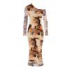 Vintage Dress Tie Dye Print Skew Neck Mesh Panel Long Sleeve Bodycon Dress - café XXL | US 14