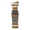 Vintage Dress Colorblock Zig Zag Striped Print Skew Neck Bodycon Dress - multicolor S | US 4