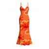 Vacation Dress Tropical Hibiscus Floral Print Spaghetti Strap Mermaid Dress - Orange L | US 8-10