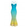 Vacation Dress Ombre Crisscross Mesh Panel Draped Spaghetti Strap Bodycon Dress - multicolor M | US 6