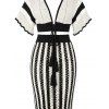 Bohemian Couple Outfit Colorblock Hollow Out V Neck Cropped Top Striped Tied Knitted Bodycon Skirt and Geometric Print Shirt Set - Blanc S | US 4