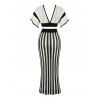 Bohemian Couple Outfit Colorblock Hollow Out V Neck Cropped Top Striped Tied Knitted Bodycon Skirt and Geometric Print Shirt Set - Blanc S | US 4