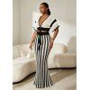Bohemian Couple Outfit Colorblock Hollow Out V Neck Cropped Top Striped Tied Knitted Bodycon Skirt and Geometric Print Shirt Set - Blanc S | US 4
