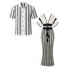 Bohemian Couple Outfit Colorblock Hollow Out V Neck Cropped Top Striped Tied Knitted Bodycon Skirt and Geometric Print Shirt Set - Blanc S | US 4