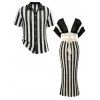 Bohemian Couple Outfit Colorblock Hollow Out Cropped Top Striped Tied Bodycon Skirt and Print Set - Noir S | US 4