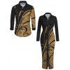 Vintage Couple Outfit Golden Scroll Vine Print Ruched Button Up Bodycon Slit Shirt Dress and Long Sleeve Shirt Set - Noir S | US 4