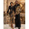Vintage Couple Outfit Golden Scroll Vine Print Ruched Button Up Bodycon Slit Shirt Dress and Long Sleeve Shirt Set - Noir S | US 4