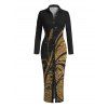 Vintage Couple Outfit Golden Scroll Vine Print Ruched Button Up Bodycon Slit Shirt Dress and Long Sleeve Shirt Set - Noir S | US 4