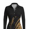 Vintage Couple Outfit Golden Scroll Vine Print Ruched Button Up Bodycon Slit Shirt Dress and Long Sleeve Shirt Set - Noir S | US 4