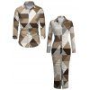 Vintage Couple Outfit Colorblock Geometric Triangle Print Ruched Button Up Bodycon Slit Shirt Dress and Long Sleeve Shirt Set - café lumière S | US 4