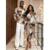 Vintage Couple Outfit Colorblock Geometric Triangle Print Ruched Button Up Bodycon Slit Shirt Dress and Long Sleeve Shirt Set - café lumière S | US 4