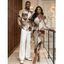 Vintage Couple Outfit Colorblock Geometric Triangle Print Ruched Button Up Bodycon Slit Shirt Dress and Long Sleeve Shirt Set - café lumière S | US 4