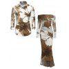 Vintage Vacation Couple Outfit Tropical Palm Leaf Print Ruched Foldover Off the Shoulder Bodycon Dress and Long Sleeve Shirt Set - café S | US 4