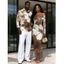 Vintage Vacation Couple Outfit Tropical Palm Leaf Print Ruched Foldover Off the Shoulder Bodycon Dress and Long Sleeve Shirt Set - café S | US 4